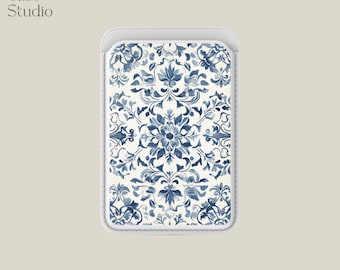Blue Porto tiles Magsafe Wallet Magnetic Aesthetic Kintsugi Card Holder fits iPhone 16, iPhone 14, iPhone 13 Pro, 12 Mag Safe