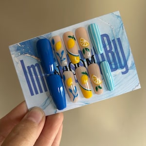 Lemon Riviera Press-On Nails | Hand-Painted Summer Nail Art | Reusable Gel Coffin Nails | Custom Sizes | Blue & Yellow Nails | Lemon Nails