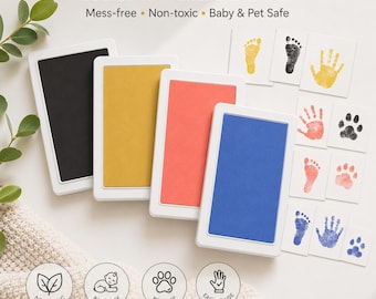 May include: Four rectangular inkless ink pads in black, yellow, coral, and blue with white frames. The text Inkless Ink Pads, Mess-free, Non-toxic, Baby & Pet Safe is visible. Includes white cards showing various hand, foot, and paw prints.