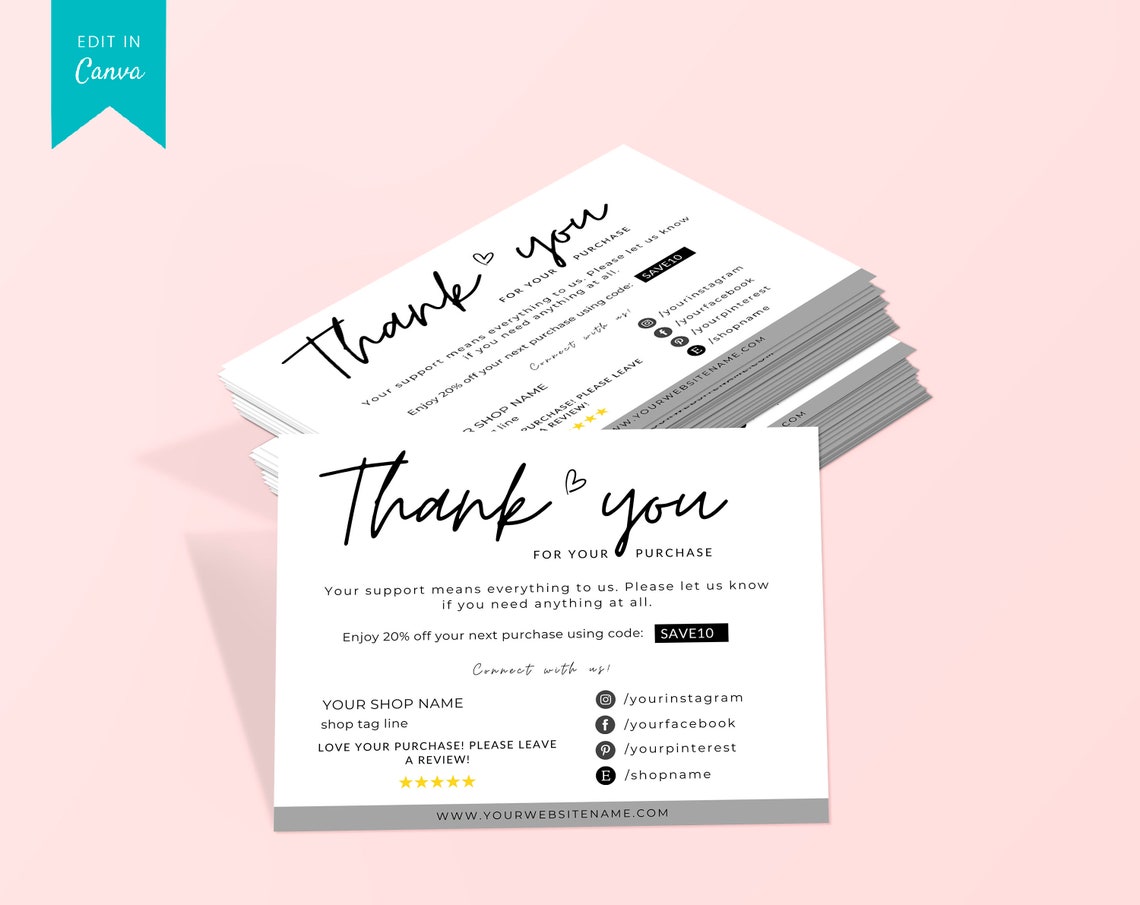 Printable Business Thank You Insert Card Template Small | Etsy