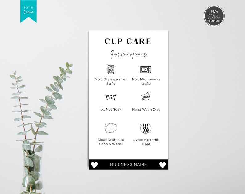 Editable Cup Care Card Template Printable Tumbler Care Card Etsy