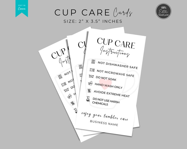 Editable Tumbler Care Card Template Printable Cup Care Etsy