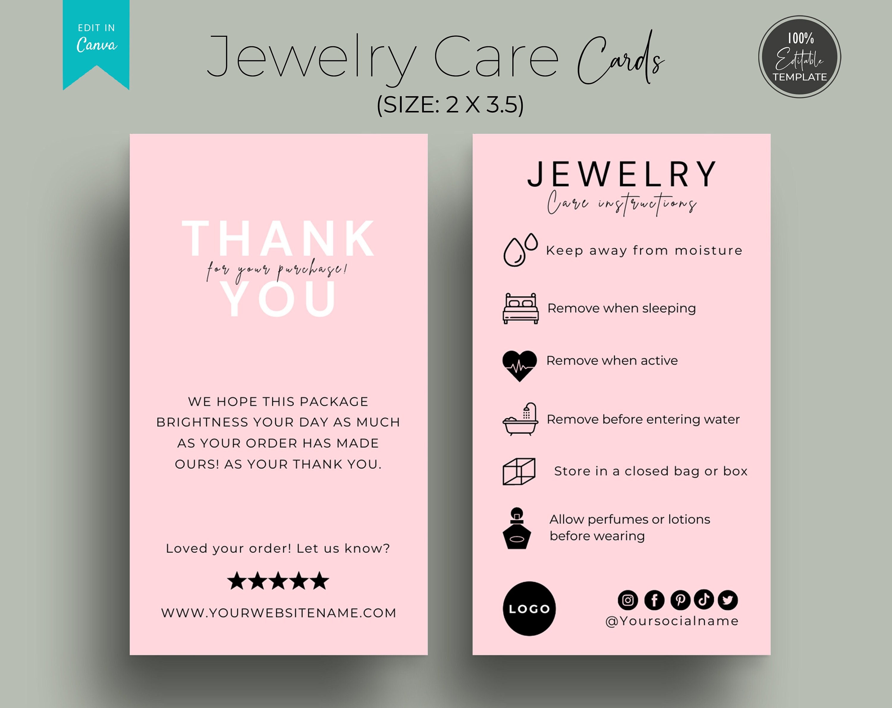 Printable Jewelry Care Card Template Editable Jewellery Care 