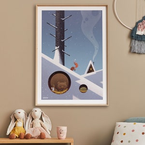 Arte de pared de guardería, Cartel de animales en invierno, Centro de arte para niños, Arte de guardería caprichoso, Póster de invierno para niños, Decoración de la habitación del bebé, Póster de cabaña