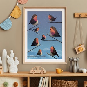 Arte mural de guardería, Impresión de bellas artes, Robins en invierno, Centro de arte para niños, Primera nieve, Póster de pájaro para niños, Decoración de la habitación para bebés, Arte para niños en la naturaleza