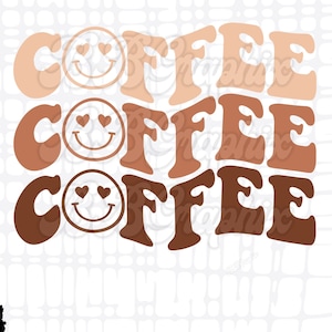 May include: Three stacked images of the word "COFFEE" in a retro font with a smiley face with hearts for eyes in each image. The colors of the images are brown, orange, and light brown.