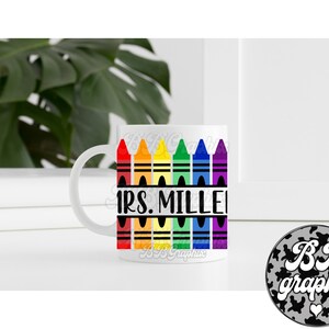 Pu&ograve; includere: Una tazza in ceramica bianca con un design di matite colorate e il testo "Mrs. Miller".