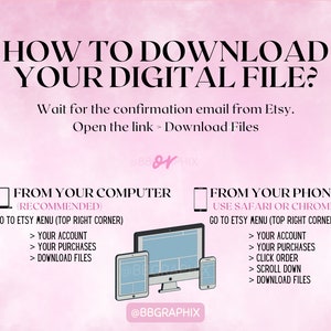 Op de afbeelding: Een roze en witte afbeelding met de tekst "Hoe download ik mijn digitale bestand?" en instructies over hoe je digitale bestanden van Etsy kunt downloaden met behulp van een computer of telefoon. De afbeelding bevat illustraties van een computer en een telefoon.