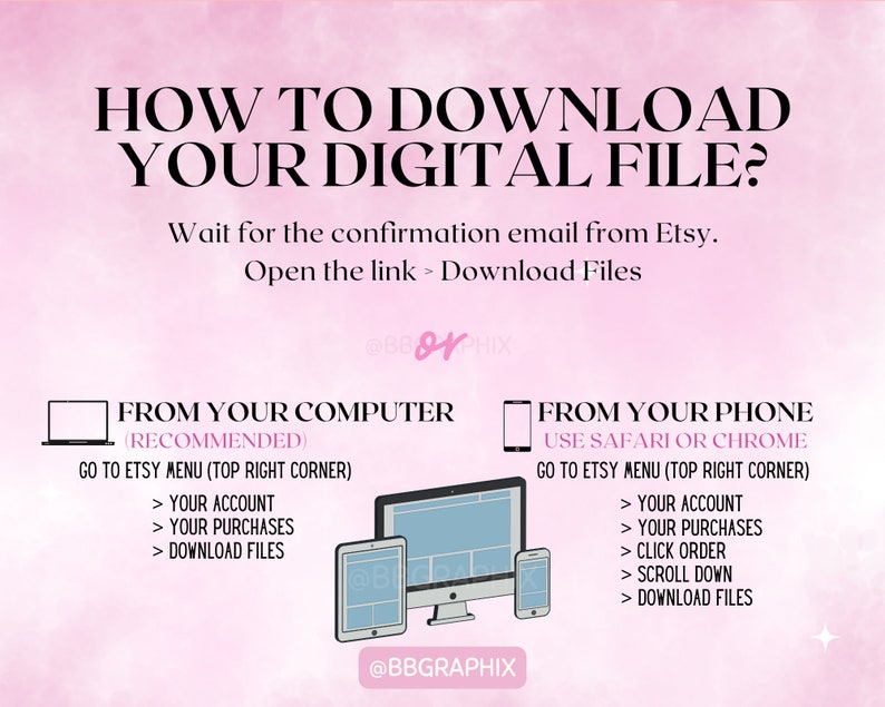 Op de afbeelding: Een roze en witte afbeelding met de tekst "Hoe download ik mijn digitale bestand?" en instructies over hoe je digitale bestanden van Etsy kunt downloaden met behulp van een computer of telefoon. De afbeelding bevat illustraties van een computer en een telefoon.