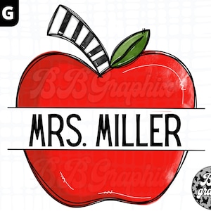 Puede incluir: Una manzana roja con un tallo rayado en blanco y negro y una pancarta blanca con el texto "MRS. MILLER" en negro.