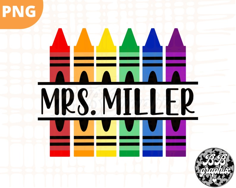 Pu&ograve; includere: Un design colorato con sette pastelli disposti in fila con il testo "MRS. MILLER" in lettere nere.