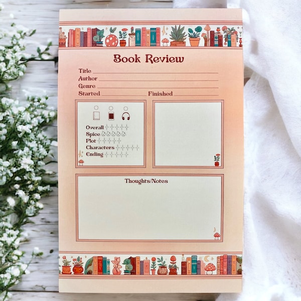 Book Review Notepad 5.5"x8.5" Whimsical Mushroom Reading Notepad Journal Pages Bookish Gift Book Lover Stationery Reader Notepad 50 Pages