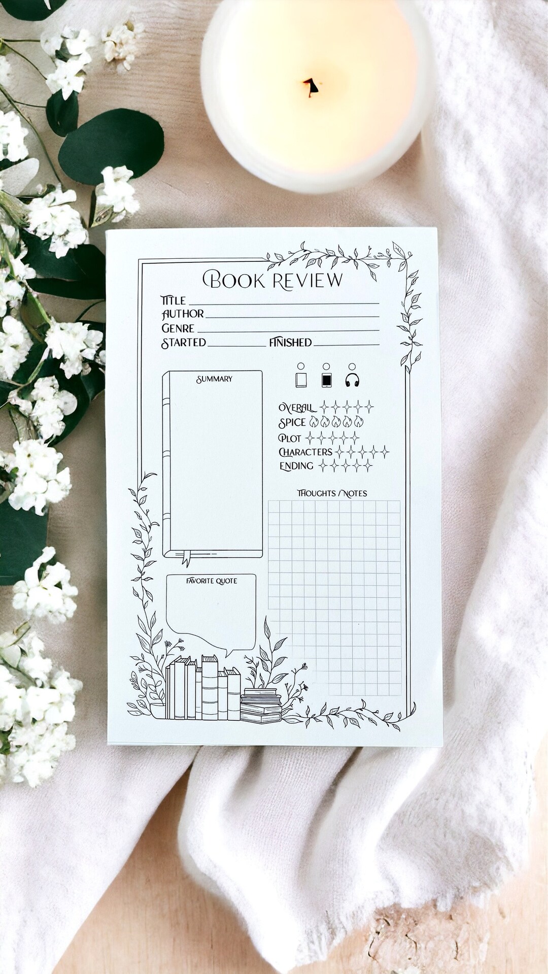 Book Review Notepad 5x8 Reading Notepad Black and White Journal Pages