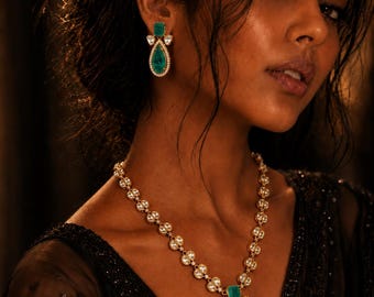 Conjunto de gargantilla doble Kundan de lámina de plata Polki de primera calidad / Collar / Moissanita / Pendientes a juego / Verde menta / Acabado dorado