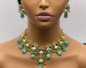 Uncut kundan mint monalisa moti necklace choker set/ Indian/Pakistani/Punjabi/Bengali/Rajasthani jewelry/wedding|party|kundan necklace/pearl