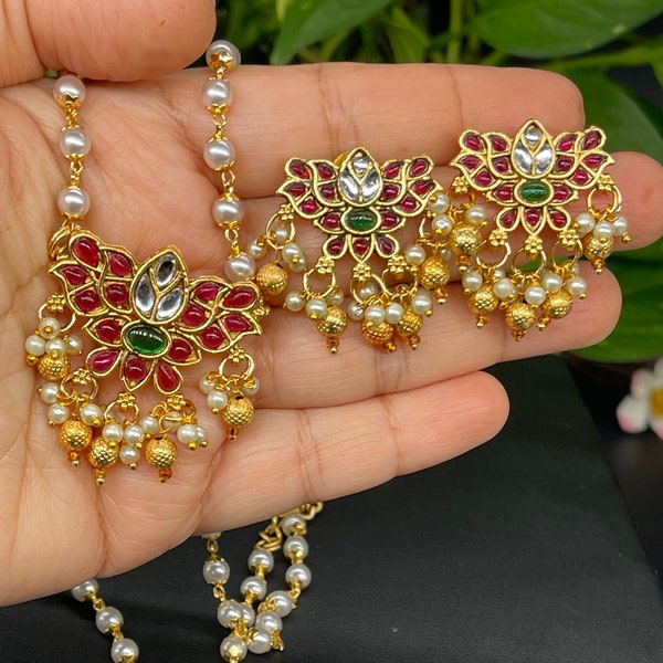 Multicolor  jadau kundan  choker/mala/necklace Earrings  Set with faux Pearls/ light weight party set/gold tone