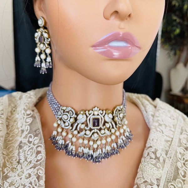 Premium quality Tyaani inspired Moissanite Choker and Earrings Set with seed Pearls/ Indian/Pakistani/Wedding/Party