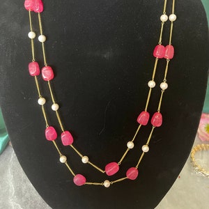 Long, double layered mala necklace with  pink tumble stone and pearl beads set/matching earrings/wedding|party