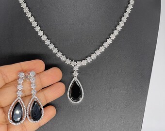 Premium quality Onyx black AAA cubic zirconia silver tone necklace/choker set/Diamond look/Tyaani  Sabyasachi Inspired with earrings