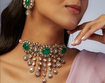 Premium quality branded Polki Kundan Necklace Emerald Kundan  Choker Green Polki earr bag studs Sabyasachi Jewelry Set Emerald Polki Jewelry