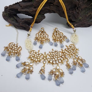 Premium Sabyasachi & Tyaani Inspired Moissanite Kundan with Grey Gray monalisa stones Adjustable Choker Necklace Set With earrings and Teeka