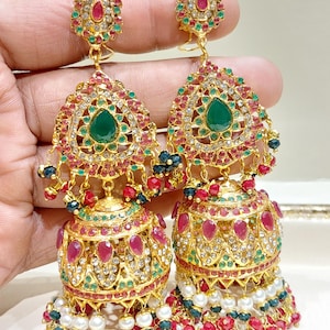 Veelkleurige Navratan Jadau-oorbellen | Hyderabadi verguld | Traditionele Indiase feestelijke sieraden | Handgemaakte etnische oorbellen achterclip/4 inch