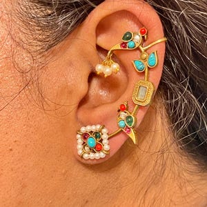 Pair of Navratan Earcuffs/Premium Quality Kundan Jadau Earring/studs/multicolor ruby turquoise blue/Minimalist Design/ Earrings Embellished
