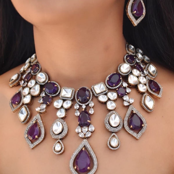 High end Tyaani and Sabyasachi inspired rich purple doublet stones necklace choker set/statement Moissanite/with earrings/Royal set