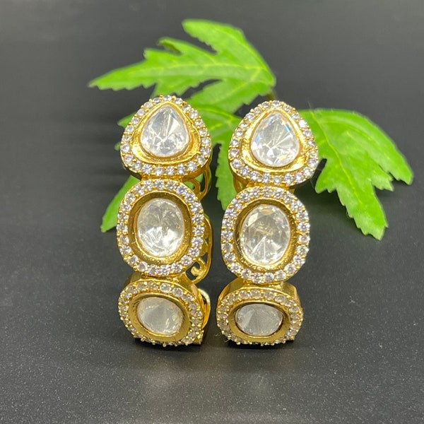 Polki uncut kundan silver foil earrings/ hoops/ back fillagari work/ gold tone danglers/wedding|party/kundan jewelry| statement earrings