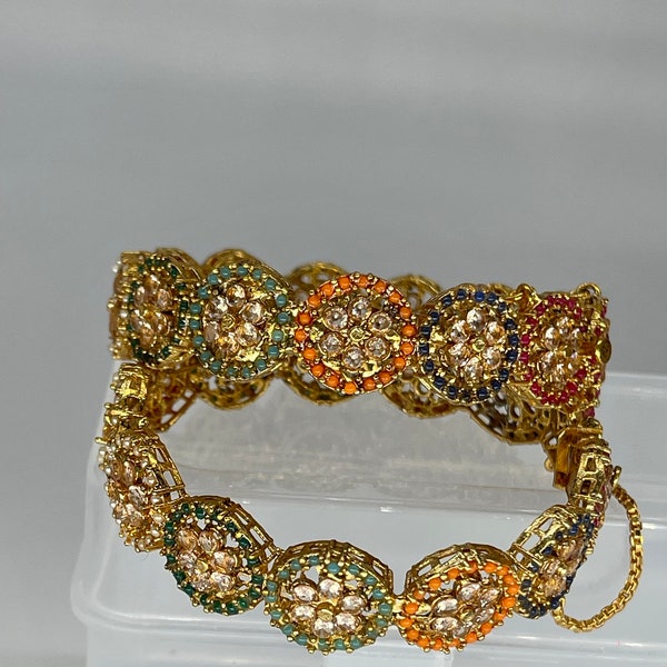 Navratan jadau delicate pair of bracelet/Kada/Bangle/Openable/Multicolor/Indian/Pakistani/Rajasthani/Handmade/champagne color