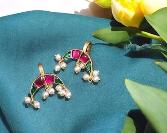 Jadau Earcuffs pair/Bugadi/ear clips/nonpierce/Quality Kundan/studs/pink green stones handmade/Minimalist Design/ Earrings Embellished/2cms