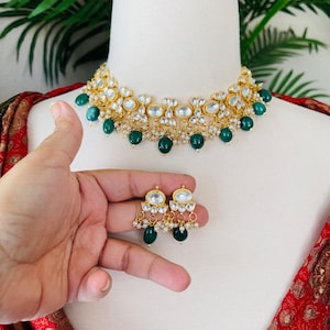Pure pacchi kundan necklace set/ indian jewellery/ pakistani jewelry/ traditional/ beads/ emerald color with pearls