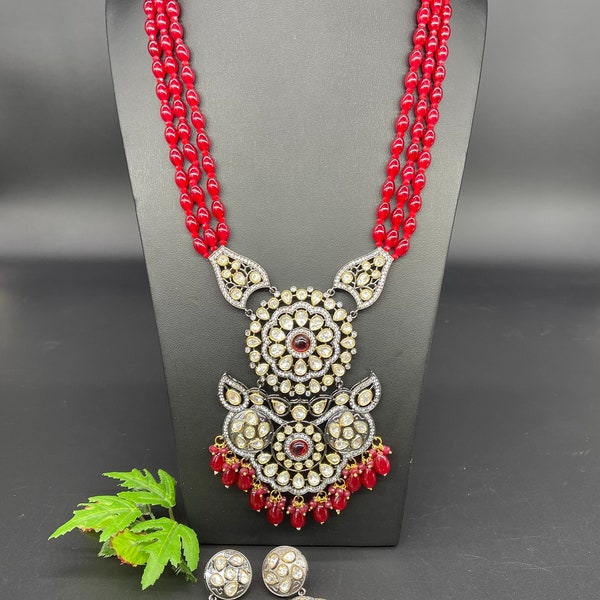 Uncut kundan multi layered long necklace/Sabyasachi Ranihaar mala earring set/ real beads/rich red  color/ wedding/ party/ statement piece/