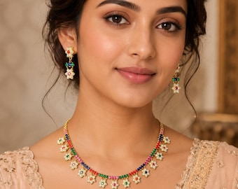 Premium pearl nauratan stone Hyderabadi Jadau choker necklace set/dangler earring/gold plated/delicate/Wedding/Party/elegant pearl work