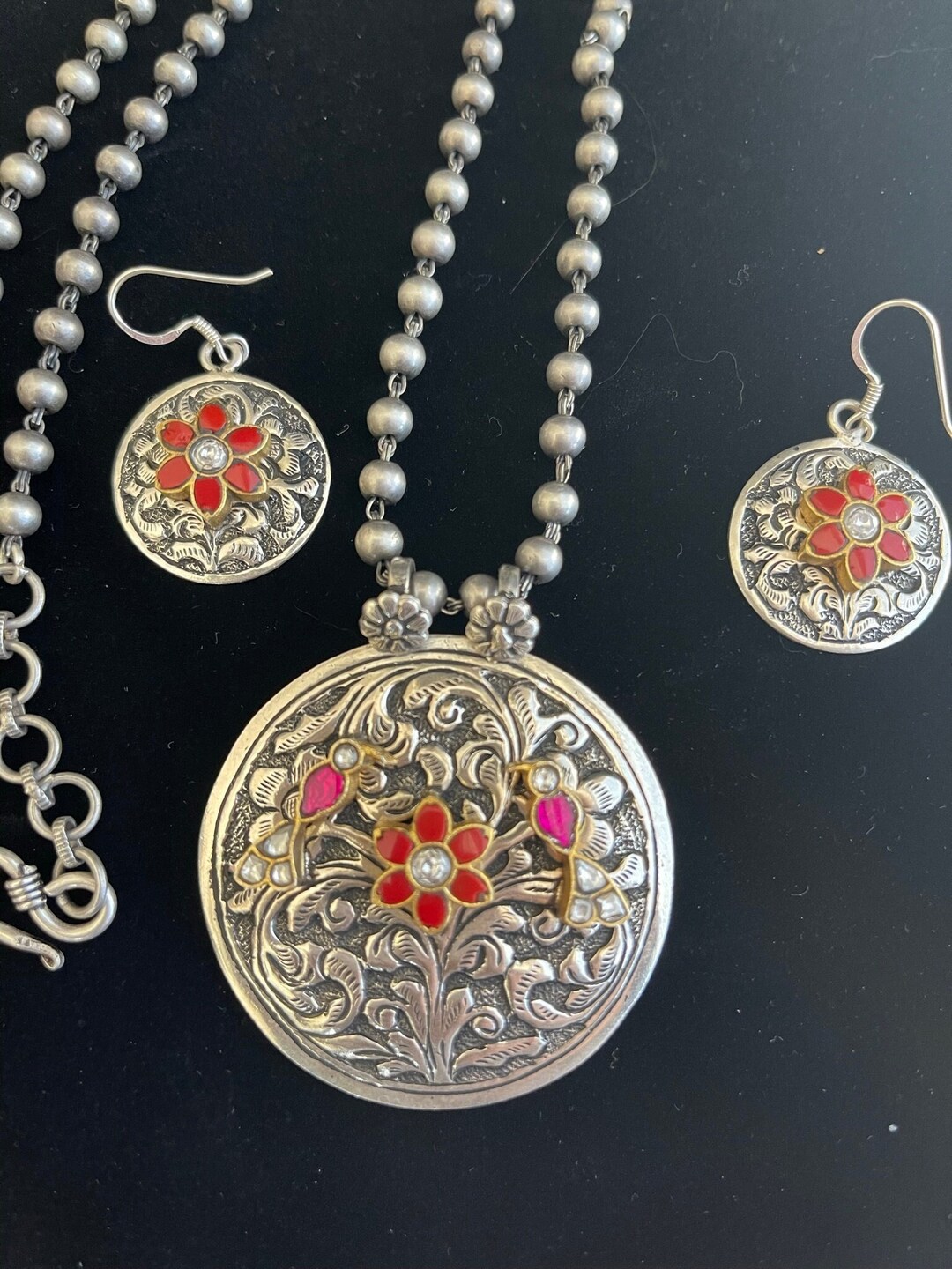 Silver Plated Jamdani Cut Work Long Necklace Set main image 1