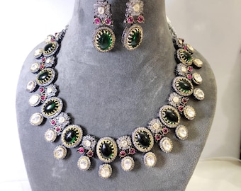 Emerald green Sabyasacchi inspired Choker Necklace Set, Victorian, Uncut kundan Moissanite Polki, earrings/Necklace Set/Kundan Set party set