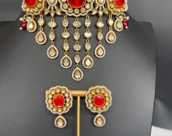 Premium quality branded Polki Kundan Necklace ruby red  Kundan  Choker set/ Polki earrings studs TyaaniSabyasachi Jewelry Set/silver foiled