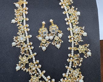 Long kundan Rani haar necklace/meena on back/ white moti/ matching earrings/ goldtone/ handmade traditional work