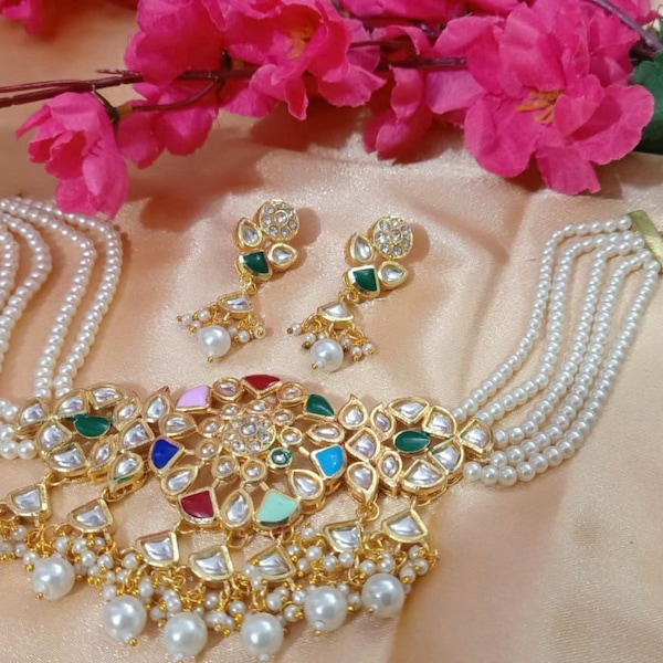 Dabi Kundan Choker Set/ Multicolor pearl Necklace/ meena hand painted antique look