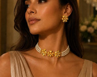 Verfijnde choker/ketting met bloemenmotief/verguld/bruids/bruiloft/feest/traditioneel ontwerp