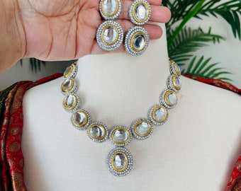 kundan/polki style necklace dual tone choker set with earrings/light weight earrings/kundan studded,handmade Tyaani style