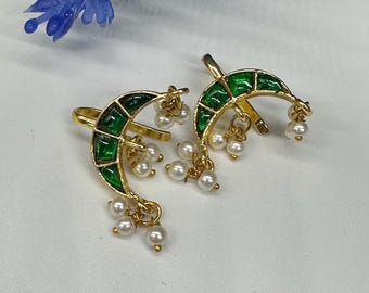 Pair of Jadau Earcuffs/Bugadi/ear clips/non pierce/Quality Kundan/studs/green stones handmade/Minimalist Design/ Earrings Embellished/2cms