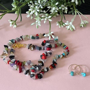 Semi Precious Stone Chips Beaded Necklace 18 inch Long Single Strand Multi Stone multi colored Rainbow Gemstone with earrings, Handmade