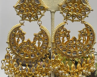 Kundan statement earrings/dangler chandbali/backside meenakari pearl piroyi/Wedding/Party
