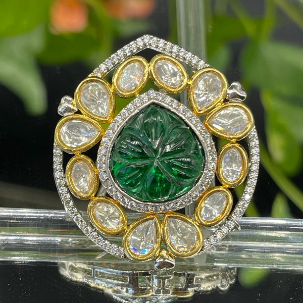 Tyaani inspired emerald green carved stone cocktail ring  kundan/polki silver foil adjustable ring/dualtone/wedding/ party/statement ring