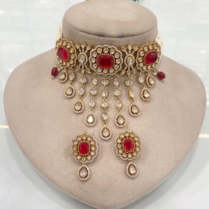 Premium quality branded Polki Kundan Necklace ruby red  Kundan  Choker set/ Polki earrings studs TyaaniSabyasachi Jewelry Set/silver foiled