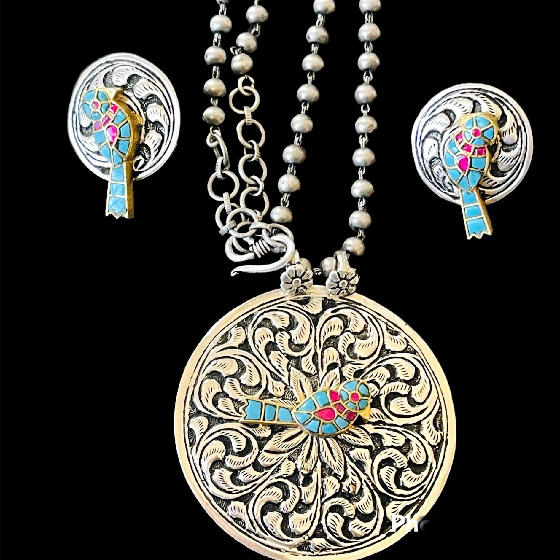 92.5 Silver Long Ball Necklace Chain Set/ Chic Solid