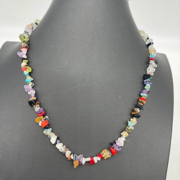 Semi Precious Stone Chips Beaded Necklace Long Single Strand Multi Stone multi colored Rainbow Gemstone Beaded Necklace, Handmade Jewelry