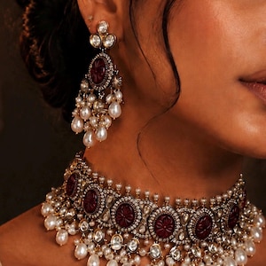 Premium quality Tyaani and Sabysachi Inspired necklace set carved dark ruby red stones,baroque pearl, kundan, polki choker,Earrings tika Set