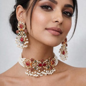 Jadau Navratan choker/ketting met bijpassende set oorbellen/parels, veelkleurig/ Indiaas/Pakistaans/bruiloft/feest/bruids/robijnroze/clip